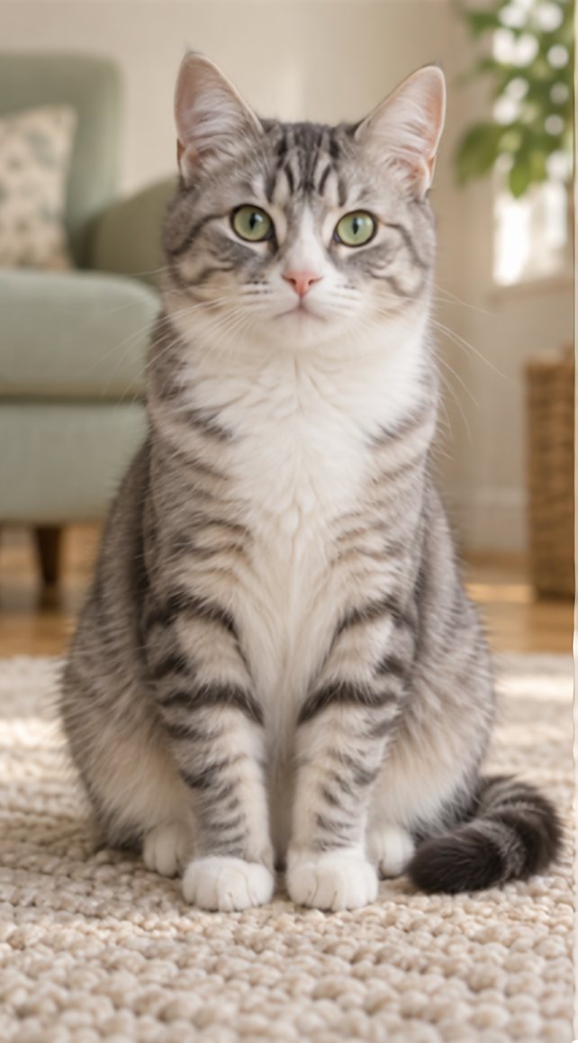 The same cat, nine months later, aligned to the same spot on the rug