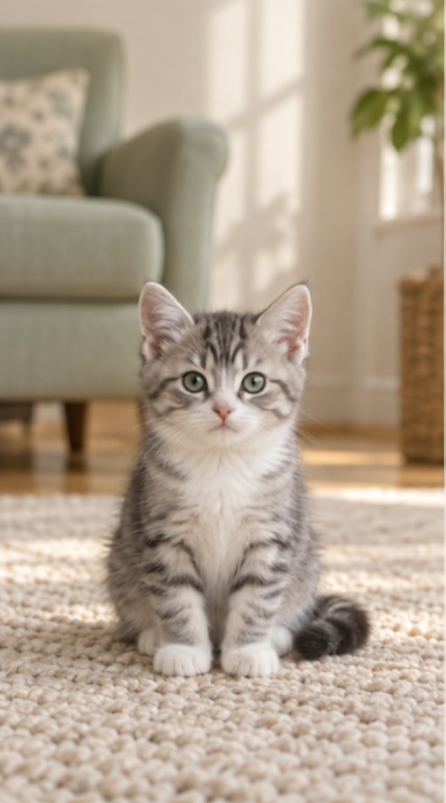 A kitten sitting on a living room rug, the first photo in the sequence