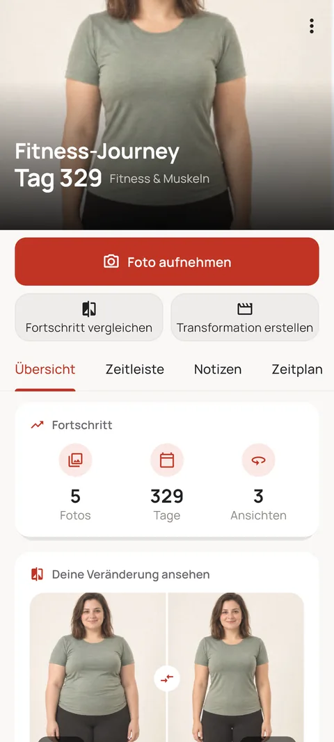Fitness-Journey mit Fortschrittswerten und Vorher-Nachher-Bild