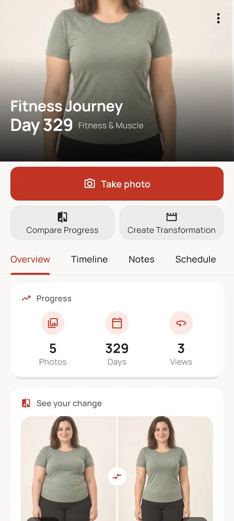 Fitness Journey with progress stats and a before-and-after