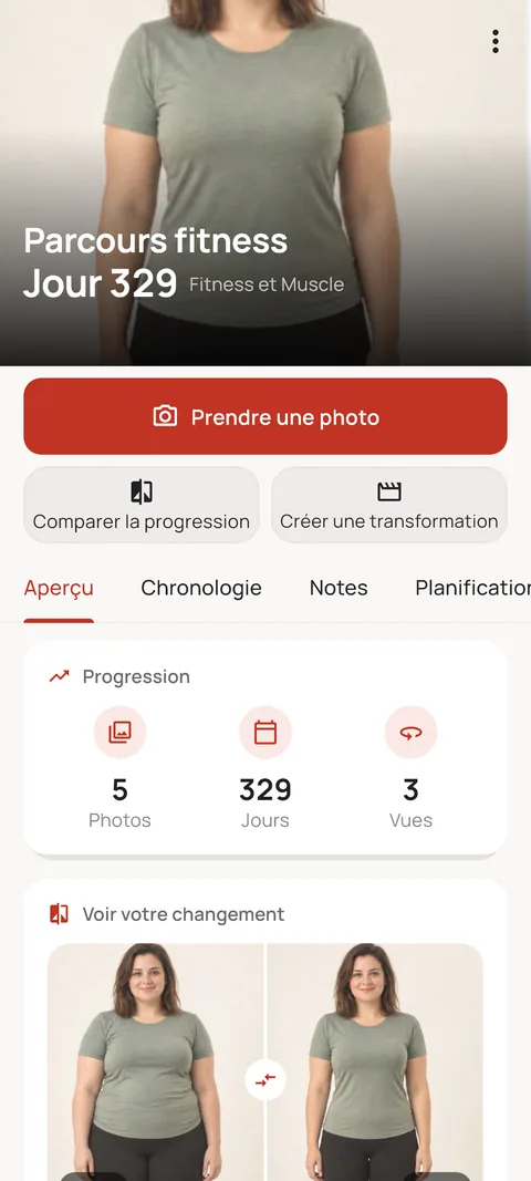 Parcours fitness avec statistiques de progression et avant/après