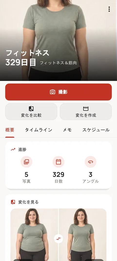 進捗データとビフォー・アフターを表示したフィットネスのジャーニー
