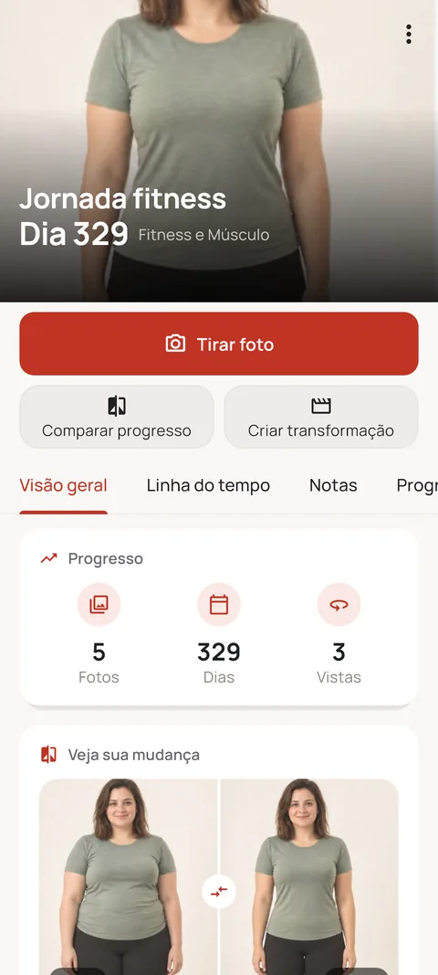 Jornada fitness com dados de progresso e um antes e depois