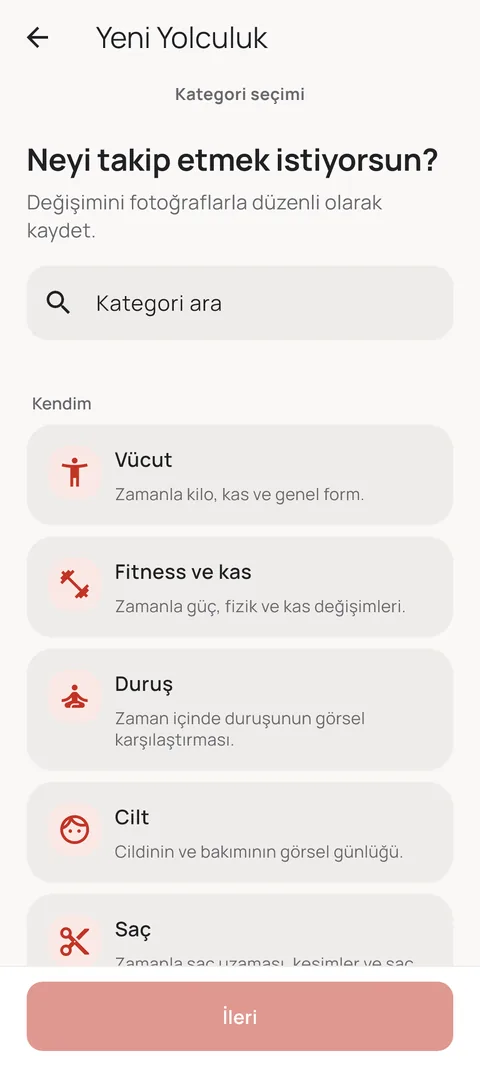 Yeni bir Yolculuk için kategori seçimi